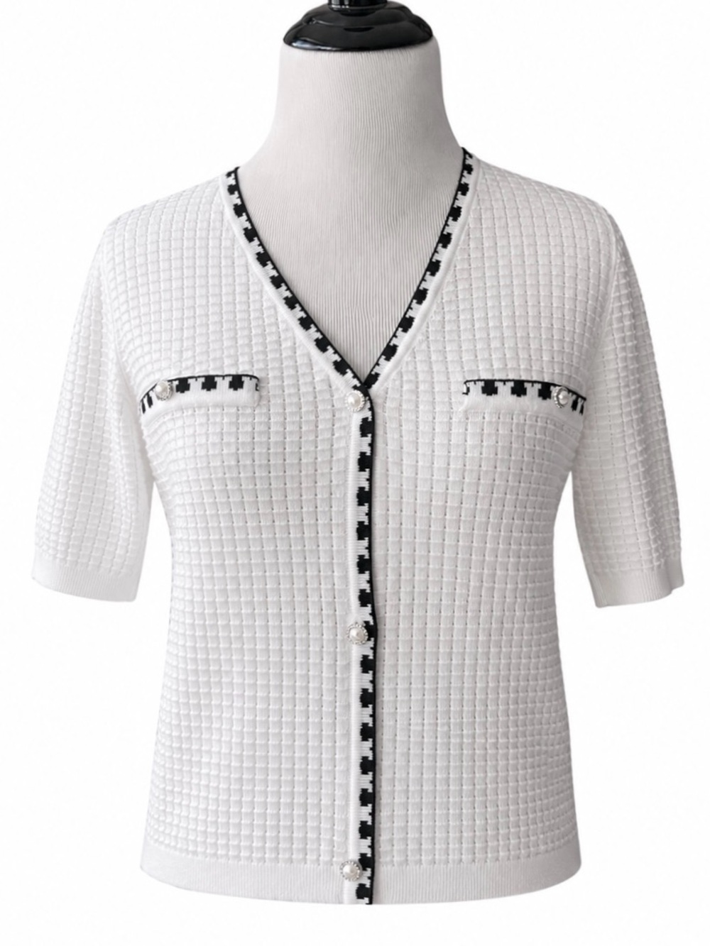 NWOT NINA LEONARD white & black button front half sleeve cardigan top small new